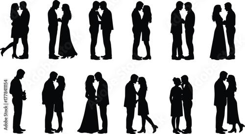 Black Silhouettes of Romantic Couples – Embracing, Kissing, Standing Together in Various Poses of Love and Affection – Vector Clipart