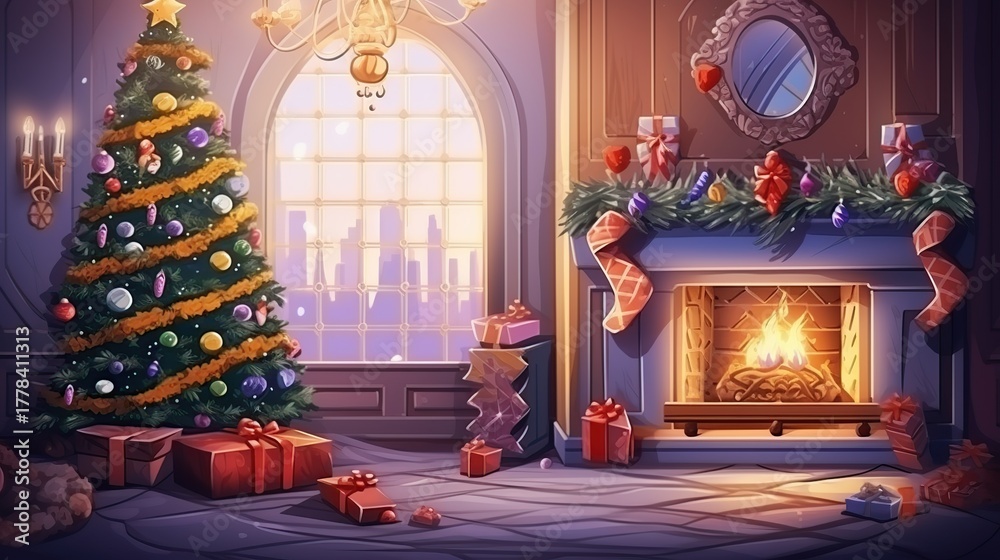 Fototapeta premium A cozy and festive living room decorated for Christmas with a glowing fireplace and a beautifully adorned tree