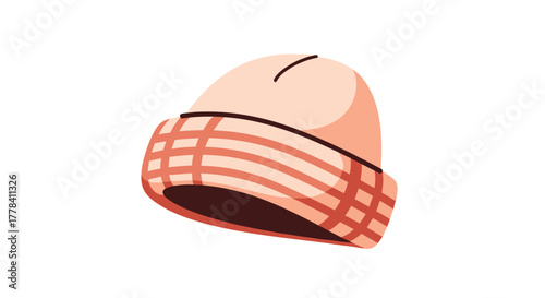 A warm and stylish knitted beanie hat in soft peach and patterned reddish-brown, perfect for casual wear and cold weather comfort.