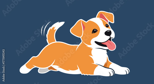 A happy and playful cartoon puppy with orange and white fur lies down, wagging its tail, and sticking its tongue out.