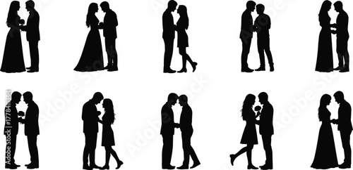 Black Silhouettes of Romantic Couples – Kissing, Hugging, Holding Hands, and Presenting Flowers in Vector Clipart Style