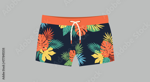 Stylish men's swim trunks featuring a vibrant tropical leaf pattern and a contrasting orange waistband, perfect for summer vacations and beach activities.