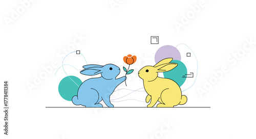 Cute blue rabbit offers an orange flower to a yellow rabbit, symbolizing friendship and affection in a minimalist illustration.
