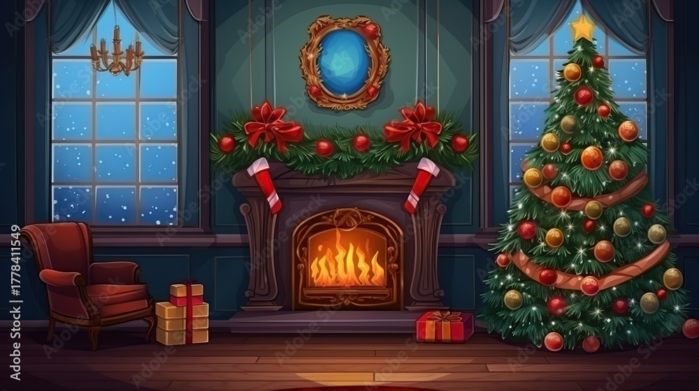 Fototapeta premium A cozy and festive living room scene with a ling fireplace, a beautifully decorated Christmas tree, and gifts piled on the floor, creating a m holiday atmosphere.