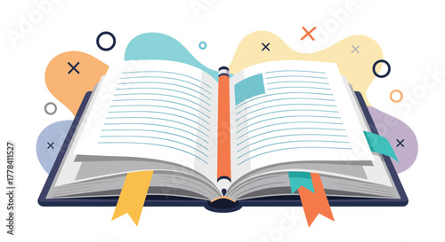 Vibrant illustration of an open textbook with a pencil and bookmarks, symbolizing education, knowledge, and thoughtful study.