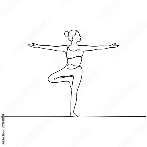 Minimalist line art of a woman performing a yoga tree pose