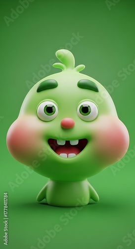 Cheerful Green Character with Rosy Cheeks and a Big Smile.