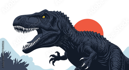 Fierce, dark blue dinosaur roaring with sharp teeth, depicted in a stylized illustration against a vivid red sun and ancient landscape.