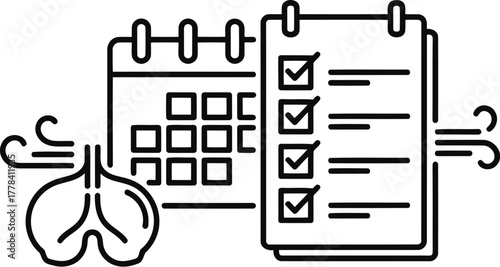 Calendar, checklist, and lungs isolated on transparent background, a fitness icon for schedule, tracking, and respiratory health, vector
