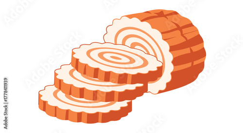 An artistic depiction of a traditional Japanese narutomaki fish cake, cut into several circular slices, revealing its iconic swirl design.