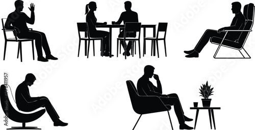 Black Silhouettes of Seated People Conversing, Gesturing, Thinking, Relaxing, and Expressing Emotions in Modern Chairs – Vector Clipart Style