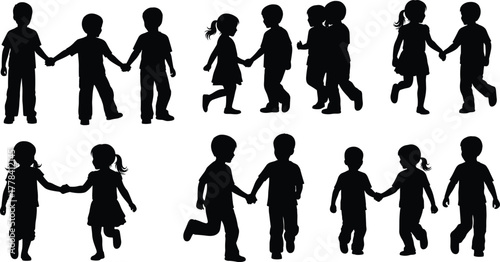 Children silhouette pairs holding hands walking, running, standing and bonding for friendship, cooperation, playtime and social interaction vector design
