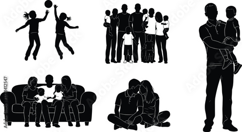 Family silhouette scenes with parents, children, couples and group interactions for love, care, parenting, lifestyle and relationship vector design