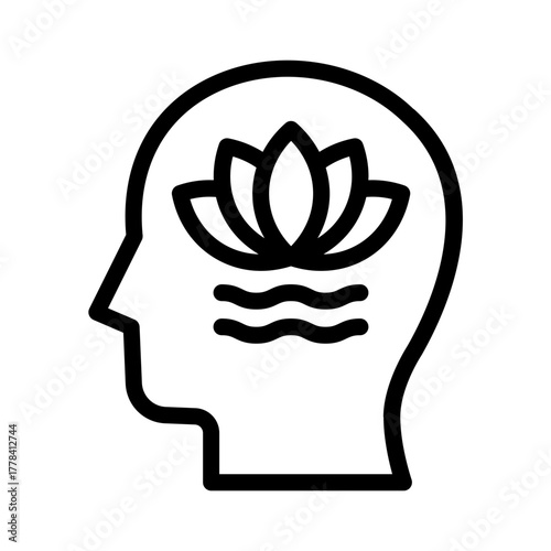 Line Icon of human head silhouette with a lotus flower representing calmness and relaxation