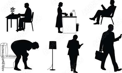 Silhouette People in Daily Activities: Working, Reading, Walking, Using Phone, Sitting, Preparing Food, Toilet Posture, Lifestyle and Routine Behaviors