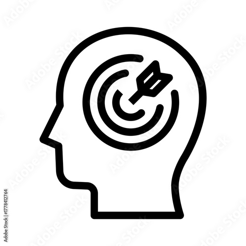 Line Icon of human head silhouette with a target and arrow symbolizing focus and concentration