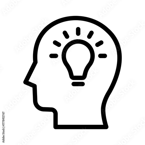 Line Icon of human head silhouette with light bulb representing idea and inspiration