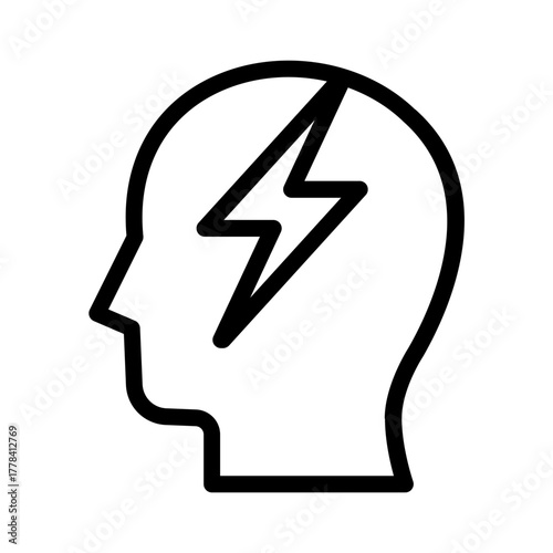 Line Icon of human head silhouette with lightning bolt representing energy and power