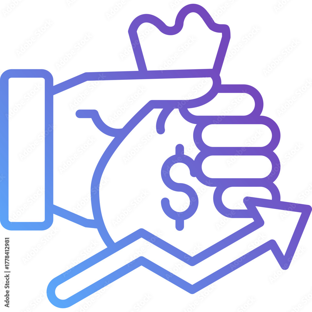 Obraz premium Gradient Line Icon of Hand Holding Money Bag with Up Arrow Representing Financial Growth and Business Success