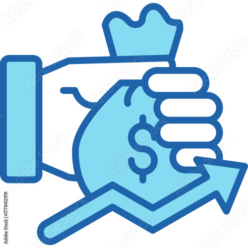 Lineal Blue Icon of Hand with Money Bag and Upward Arrow Showing Economic and Financial Growth Concept