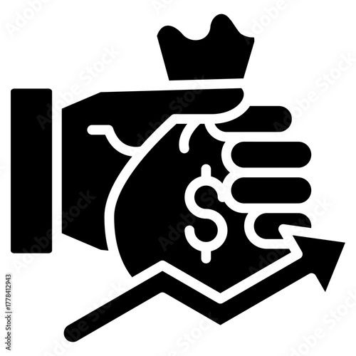 Black Glyph Icon of Hand Holding Dollar Money Bag with Growth Arrow Representing Finance and Investment Success