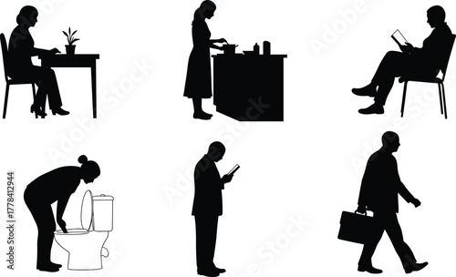 Silhouette People in Daily Life: Working, Cooking, Reading, Toilet Cleaning, Standing, Walking with Briefcase, Modern Routine and Human Behavior