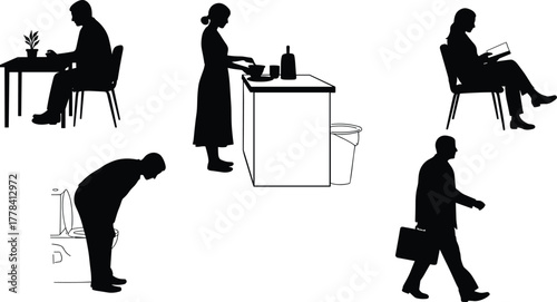 Silhouette People in Everyday Activities: Working, Cooking, Reading, Toilet Use, Walking with Briefcase, Modern Lifestyle and Human Behavior