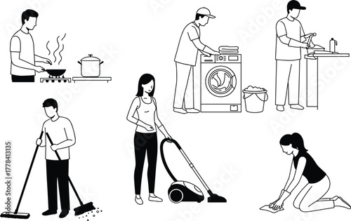 Silhouette scenes of household chores including cooking, laundry, dishwashing, sweeping, vacuuming and scrubbing for home and lifestyle vector design