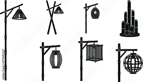 Silhouettes of bamboo lamp post designs, vector illustration of eco-friendly rustic lighting with hanging lanterns in traditional styles
