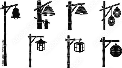 Silhouettes of bamboo lamp posts with hanging lanterns, vector illustration of eco-friendly outdoor lighting in traditional and geometric styles