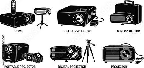 Collection of six different projectors including home, office, mini, portable, digital, and standard models with accessories for versatile multimedia use