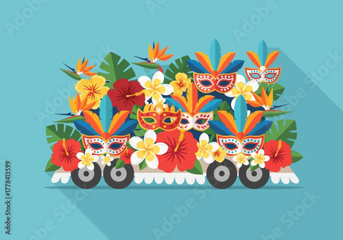 Carnival Float Adorned with Masks and Tropical Flowers.
