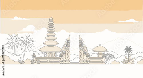 Serene pixel art illustration of a Balinese temple landscape, showcasing traditional Candi Bentar gates, multi-tiered pagodas, and tropical palm trees, ideal for cultural travel themes
