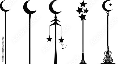 Silhouettes of crescent moon staffs with stars, fantasy vector illustration of magical poles featuring celestial and ornate decorative elements