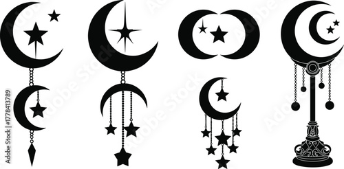 Silhouettes of crescent moon and star ornaments, fantasy vector illustration of hanging celestial decorations with mystical and artistic details