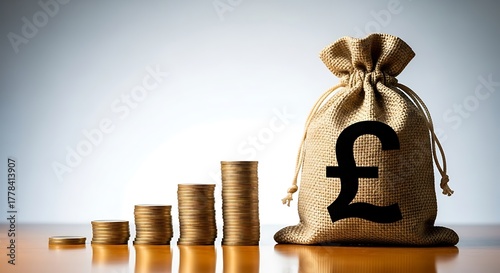A burlap money bag with a pound sterling symbol sits next to a rising stack of coins, symbolizing financial growth