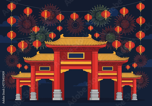 Chinese Gate with Lanterns and Fireworks for Lunar New Year Celebration.