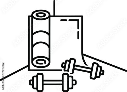 Dumbbells and yoga mat isolated on transparent background are a simple line art illustration of fitness equipment