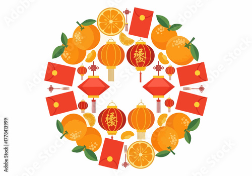 Chinese New Year Circle with Lanterns, Oranges, and Red Envelopes.