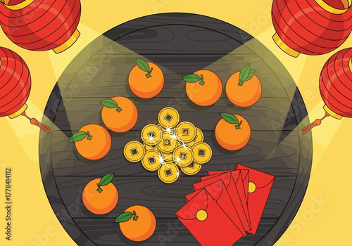 Chinese New Year festive arrangement with oranges and coins.