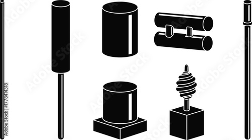 Silhouettes of mechanical components and structural rods, vector illustration of engineering parts including cylinders, connectors, and spiral assemblies