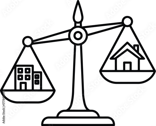 Scales balancing a house and an apartment building isolated on transparent background, representing the choice between home and investment