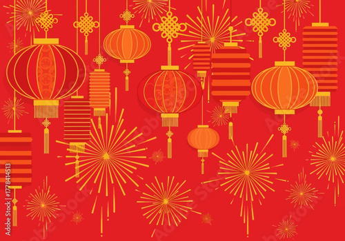 Chinese New Year Lanterns and Fireworks Festive Celebration.