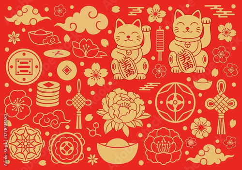 Chinese New Year Lucky Cat and Traditional Decorations Collection.