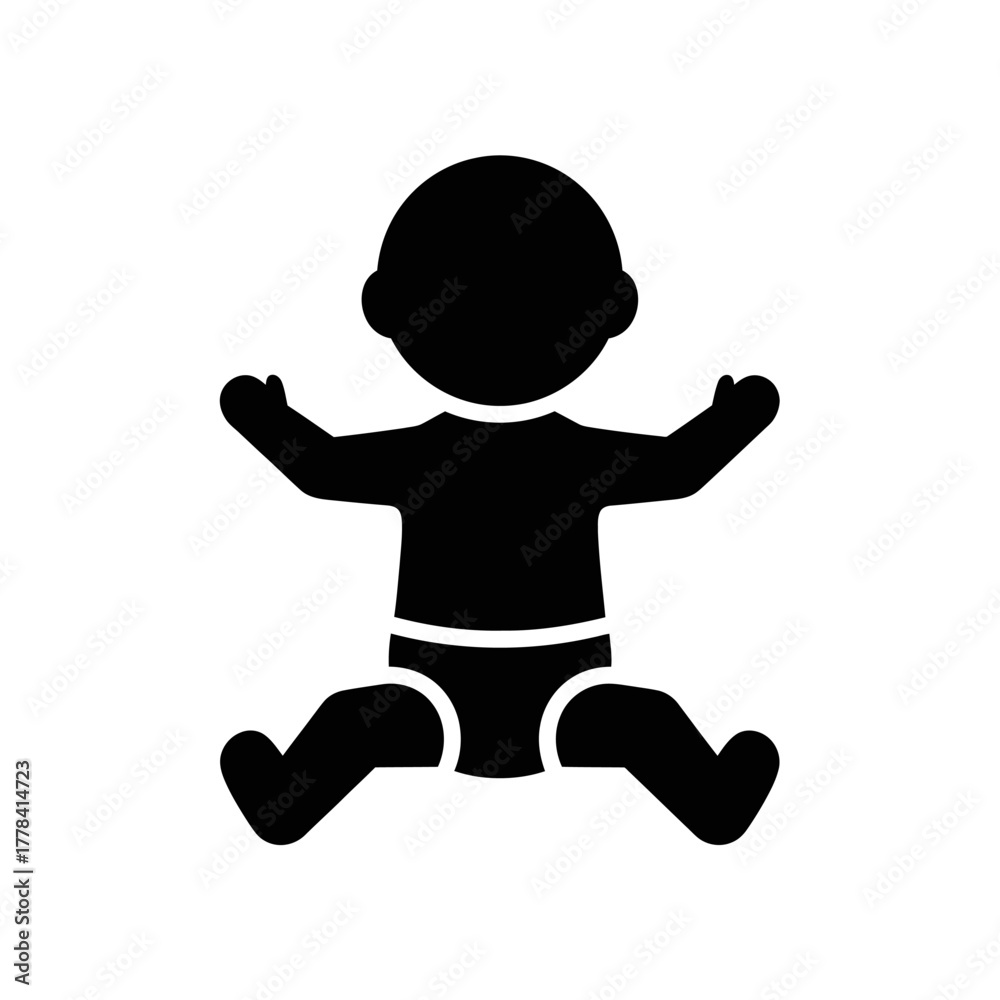 Obraz premium Baby silhouette icon, a simple black graphic depicting an infant sitting with arms raised, symbolizing childhood, care, new life, growth, and development.
