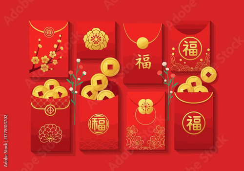 Chinese New Year red envelopes with gold coins and ? character.