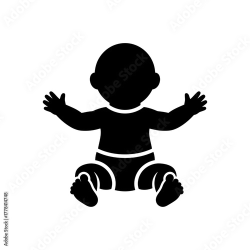 Baby silhouette sitting with arms outstretched, an iconic black graphic symbol representing infancy, child care, maternity, development, and family concepts