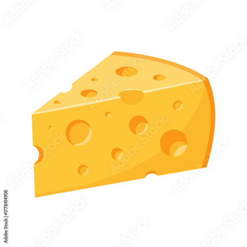 A delicious illustration of a triangular cheese wedge, vibrant yellow with signature holes, representing a tasty dairy product for food, snacks, and meals.