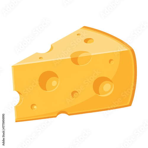 Cartoon vector illustration of a triangular wedge of classic yellow swiss cheese with characteristic holes, perfect for dairy product designs, food menus, or snack imagery.