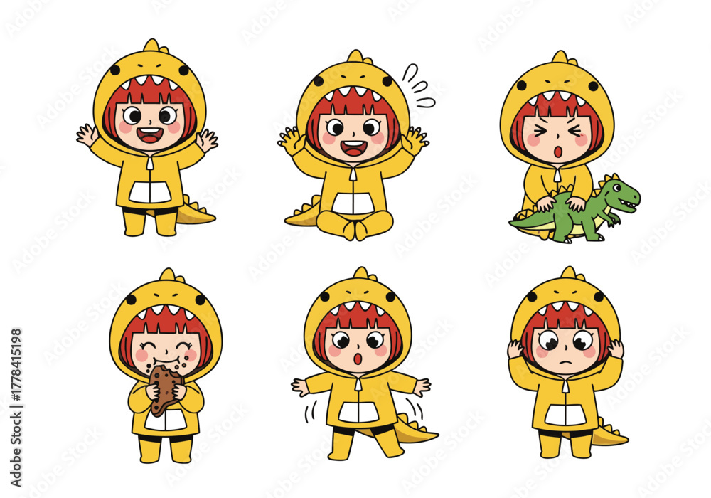 Obraz premium A character sheet of a cute, kawaii-style child in a yellow hooded dinosaur costume, shown in a variety of expressive and emotional poses.